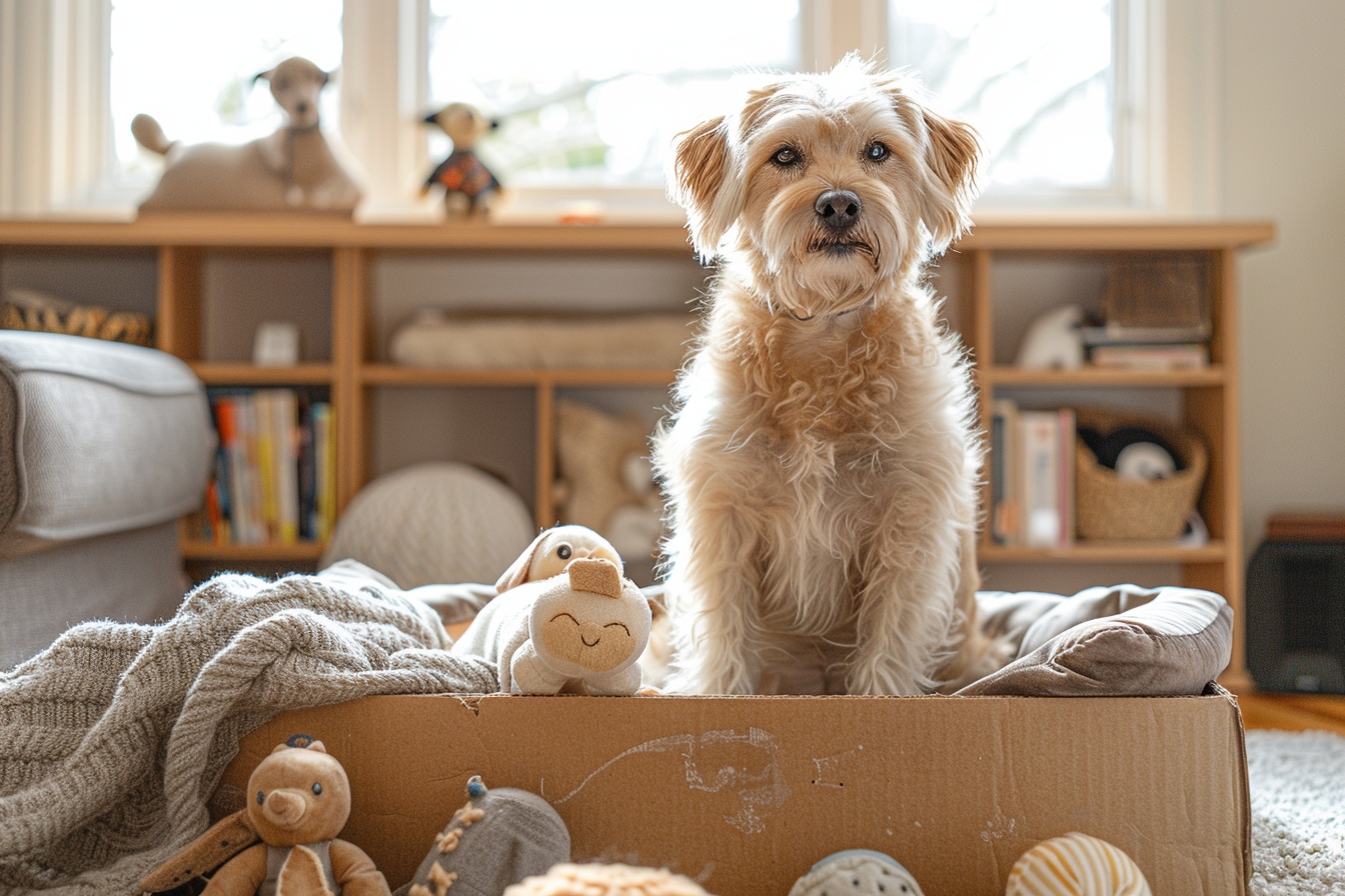 Vieux chien heureux explorant son nouveau quartier à Clermont-Ferrand après un déménagement réussi