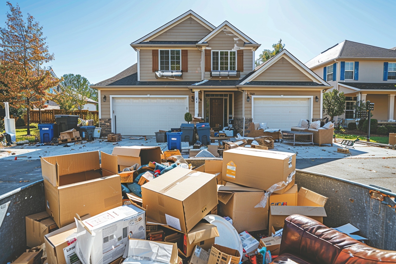 Maison encombrée de cartons et débris.