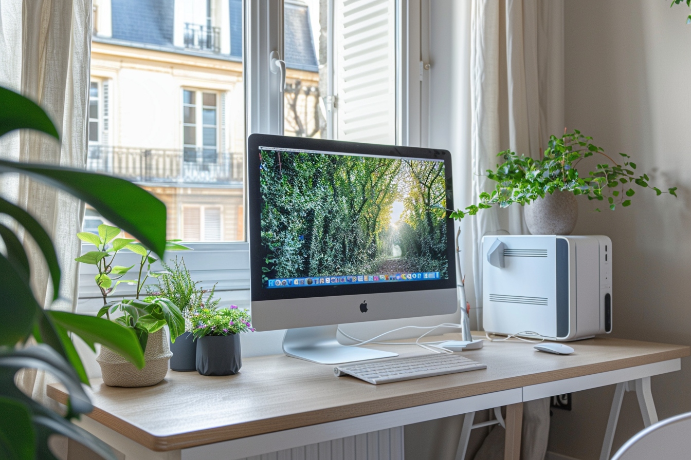 Vue aérienne d'un coin bureau fonctionnel et inspirant aménagé dans un petit appartement à Clermont-Ferrand